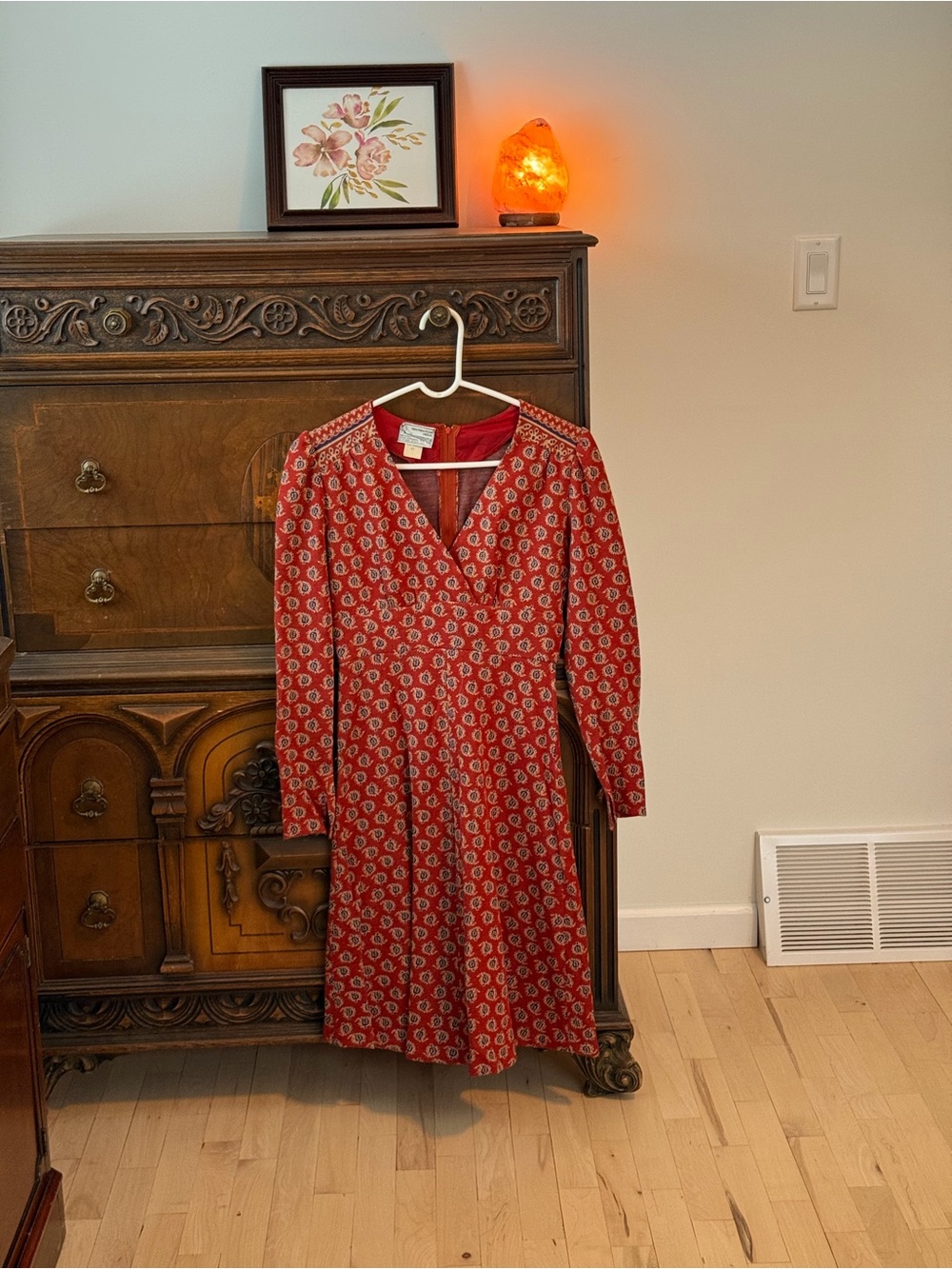 Red Printed Long-Sleeve V-Neck Dress